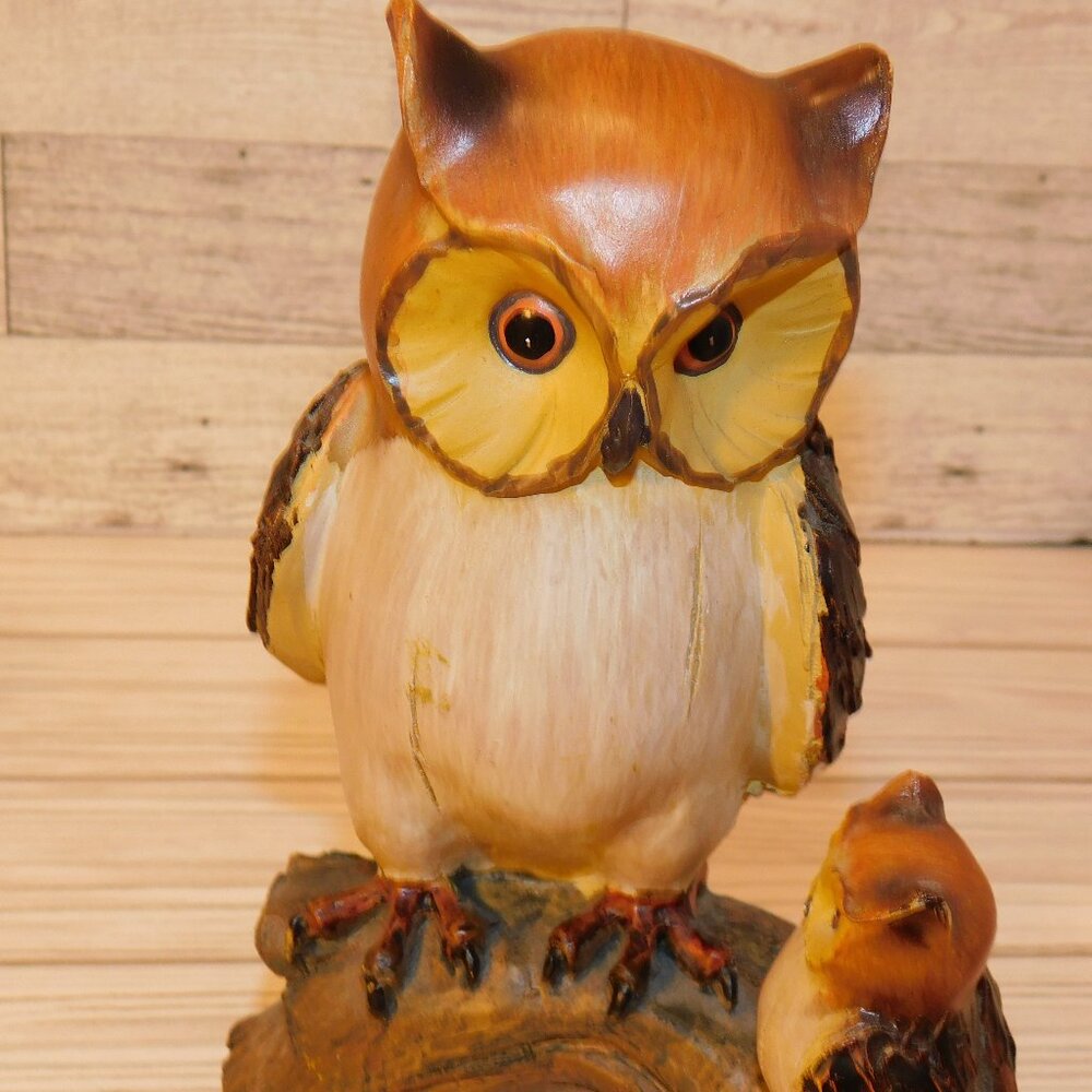 OWL w  Baby Owl Figurine on Log  RESIN ? woodsy Rustic, *